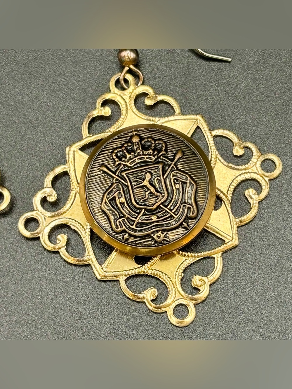 Vintage Gold Crest Shield Drop Earrings Heraldic Crown Lion Filigree Statement